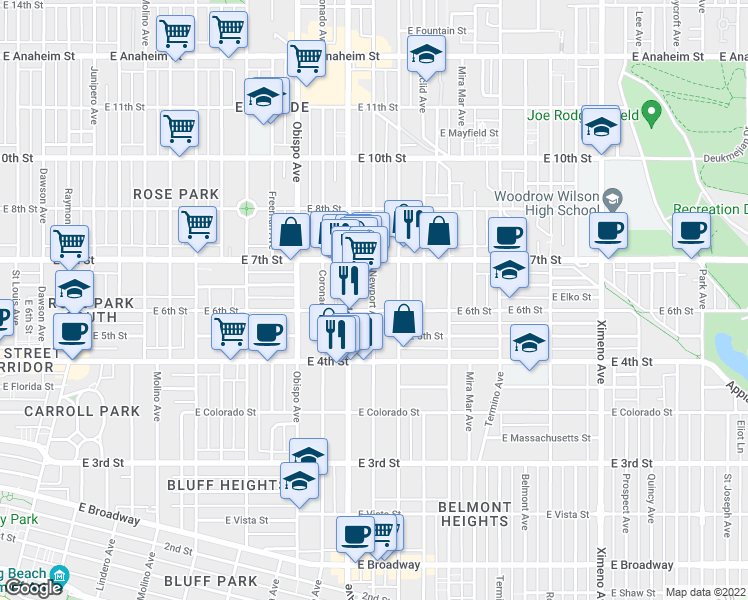 map of restaurants, bars, coffee shops, grocery stores, and more near 620 N Newport Ave in Long Beach