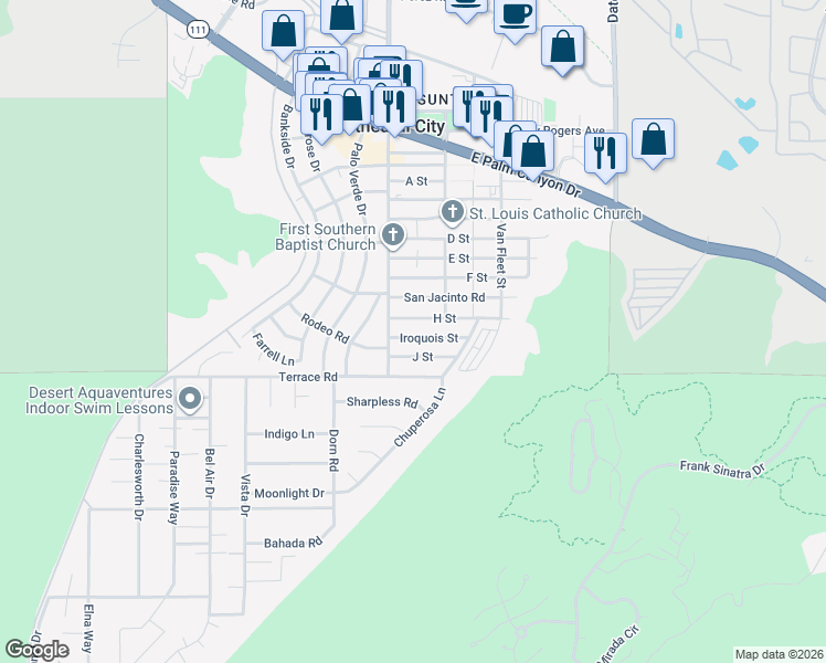 map of restaurants, bars, coffee shops, grocery stores, and more near 68548 Iroquois Street in Cathedral City