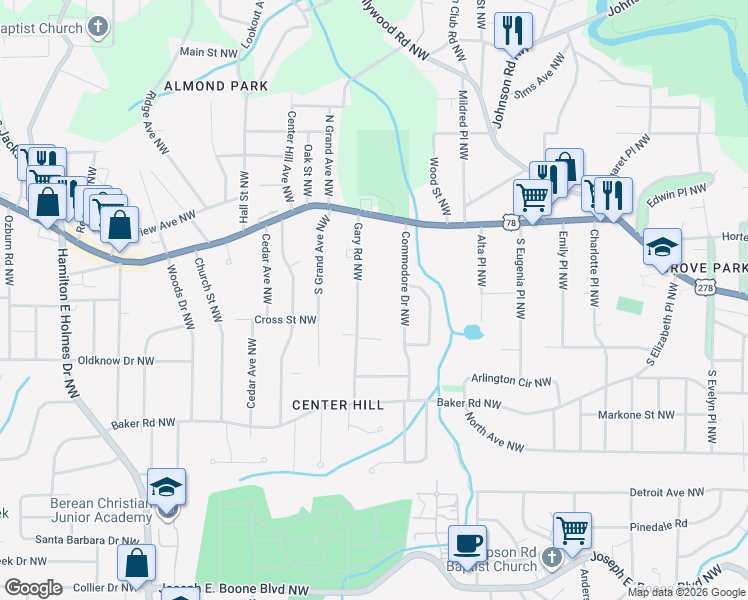 map of restaurants, bars, coffee shops, grocery stores, and more near 691 Gary Rd NW in Atlanta