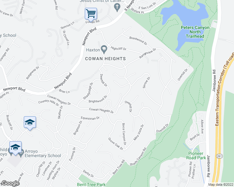 map of restaurants, bars, coffee shops, grocery stores, and more near 10251 Ladera Senda in Santa Ana