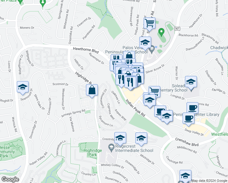 map of restaurants, bars, coffee shops, grocery stores, and more near 7 Oaktree Lane in Rolling Hills Estates