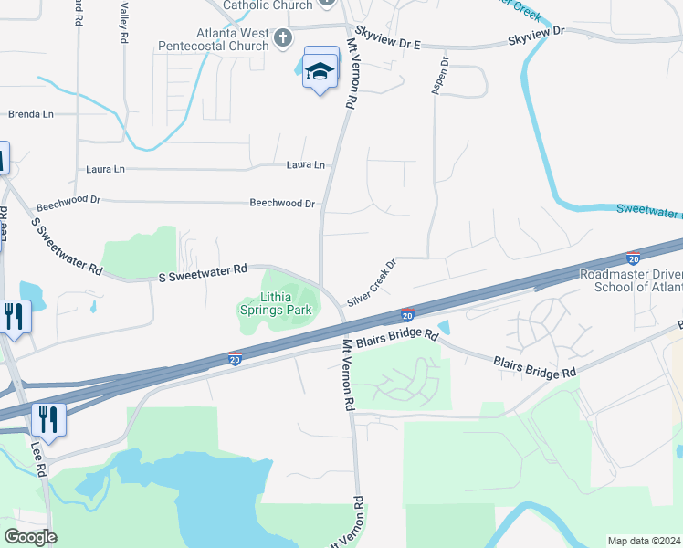map of restaurants, bars, coffee shops, grocery stores, and more near 7434 Mount Vernon Road in Lithia Springs