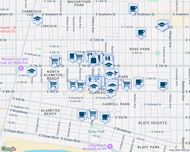 map of restaurants, bars, coffee shops, grocery stores, and more near 532 Cherry Ave in Long Beach