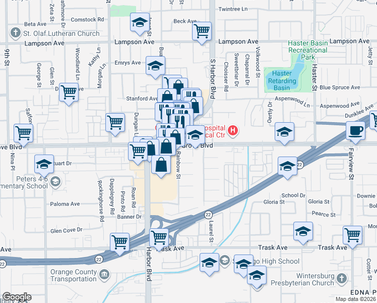 map of restaurants, bars, coffee shops, grocery stores, and more near 12372 Garden Grove Boulevard in Garden Grove