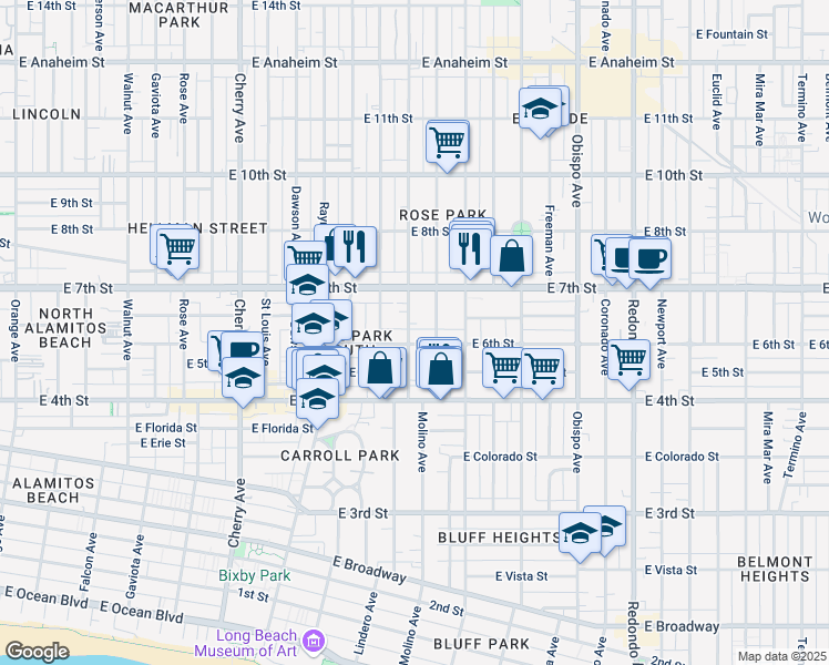 map of restaurants, bars, coffee shops, grocery stores, and more near 620 Molino Avenue in Long Beach