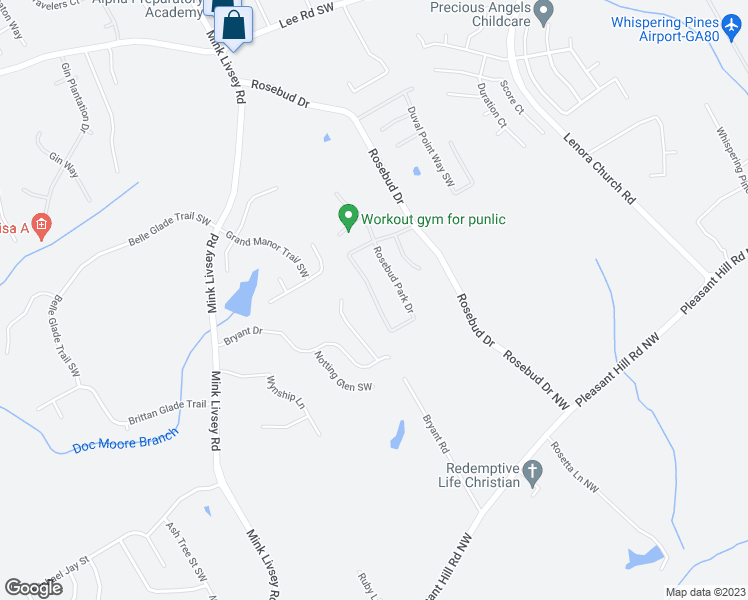 map of restaurants, bars, coffee shops, grocery stores, and more near 3572 Rosebud Park Drive Southwest in Snellville