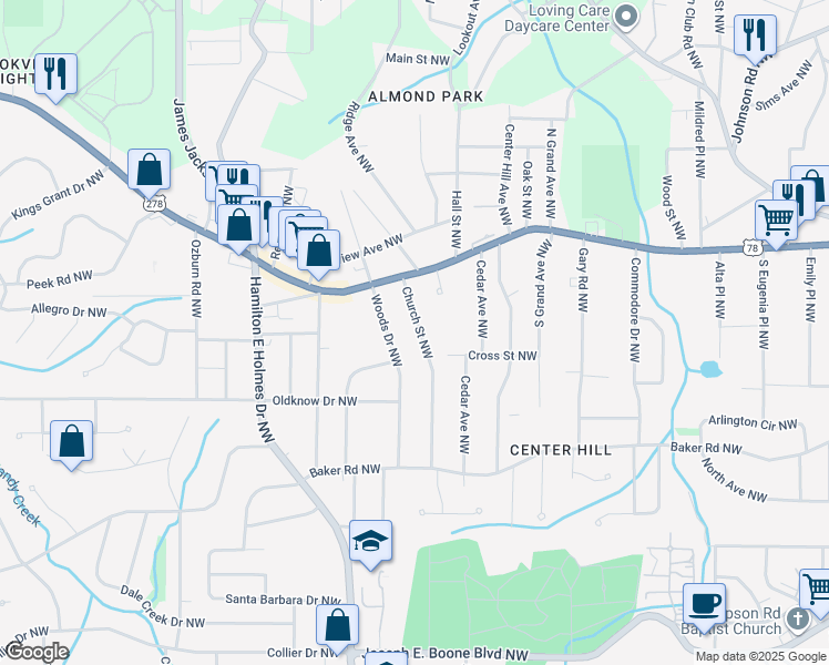 map of restaurants, bars, coffee shops, grocery stores, and more near 698 Church Street Northwest in Atlanta
