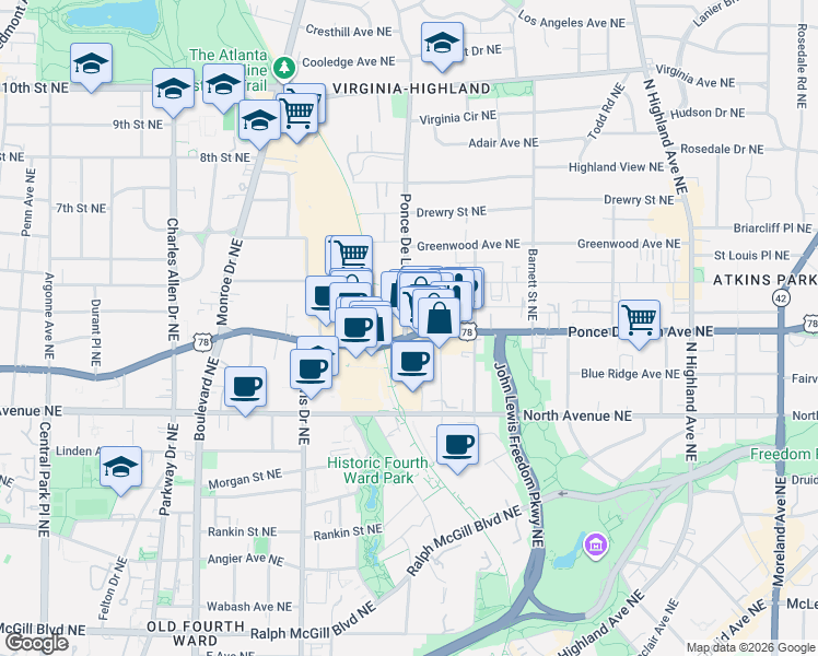map of restaurants, bars, coffee shops, grocery stores, and more near 718 Ponce De Leon Avenue Northeast in Atlanta