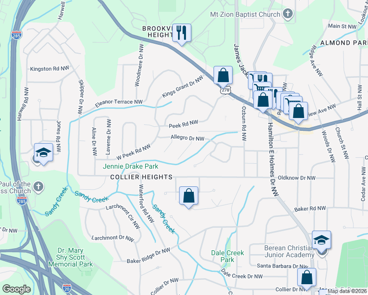 map of restaurants, bars, coffee shops, grocery stores, and more near 704 Indigo Lane Northwest in Atlanta