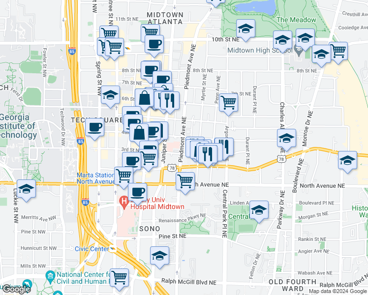 map of restaurants, bars, coffee shops, grocery stores, and more near 711 Piedmont Avenue Northeast in Atlanta