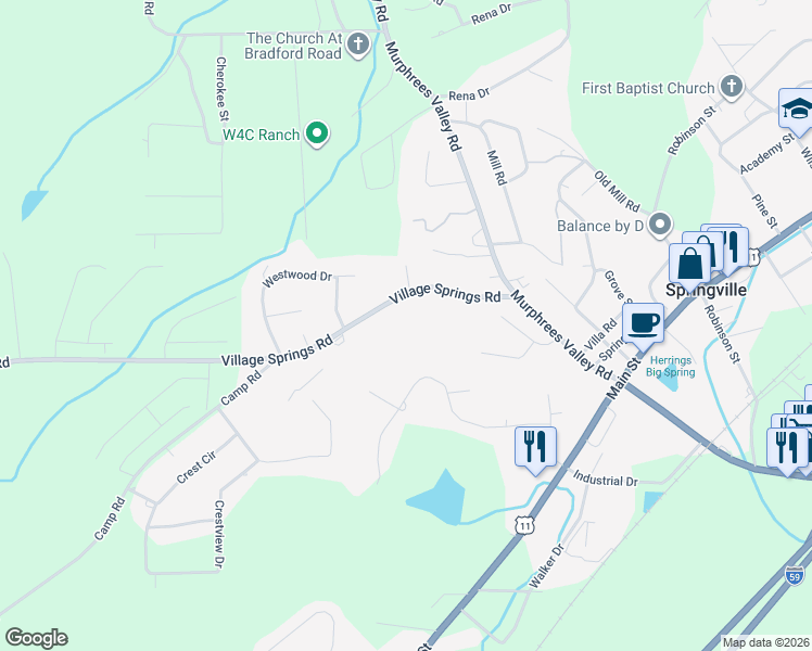 map of restaurants, bars, coffee shops, grocery stores, and more near 369 Village Springs Road in Springville