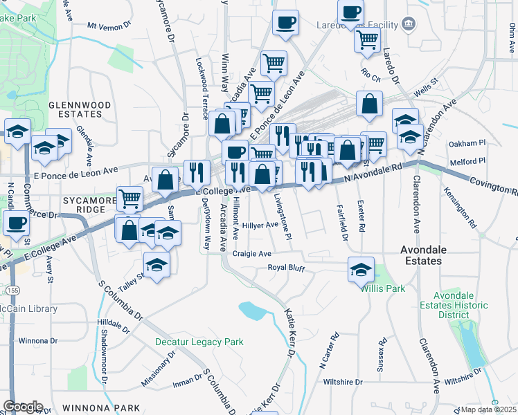 map of restaurants, bars, coffee shops, grocery stores, and more near 725 Brown Place in Decatur