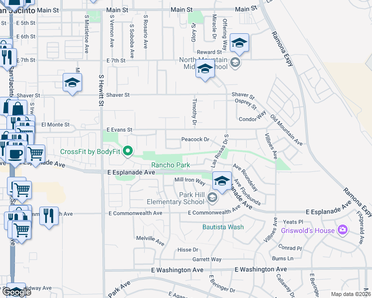 map of restaurants, bars, coffee shops, grocery stores, and more near 1368 Cherie Court in San Jacinto