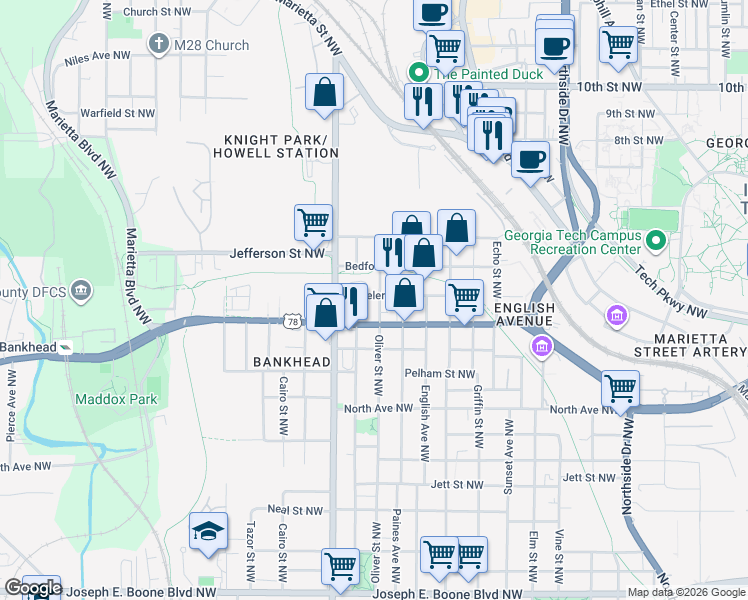 map of restaurants, bars, coffee shops, grocery stores, and more near 702 Oliver Street Northwest in Atlanta