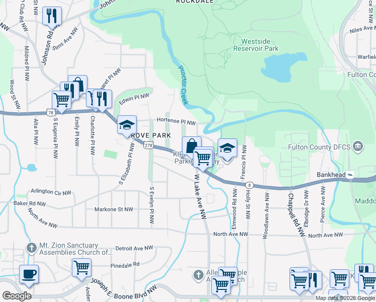 map of restaurants, bars, coffee shops, grocery stores, and more near 701 Matilda Place Northwest in Atlanta