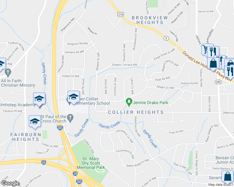 map of restaurants, bars, coffee shops, grocery stores, and more near 695 Laverne Drive Northwest in Atlanta