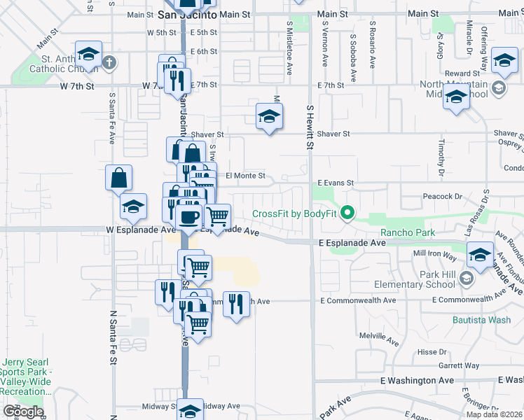 map of restaurants, bars, coffee shops, grocery stores, and more near 1434 Jackson Circle in San Jacinto