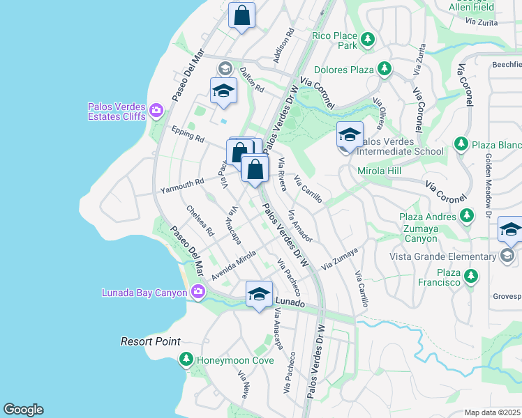 map of restaurants, bars, coffee shops, grocery stores, and more near 717 Vía Bandini in Palos Verdes Estates