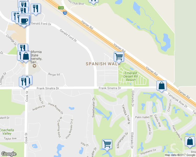 map of restaurants, bars, coffee shops, grocery stores, and more near 505 Via De La Paz in Palm Desert
