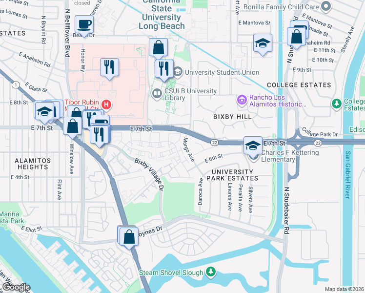 map of restaurants, bars, coffee shops, grocery stores, and more near 470 Providence Court in Long Beach