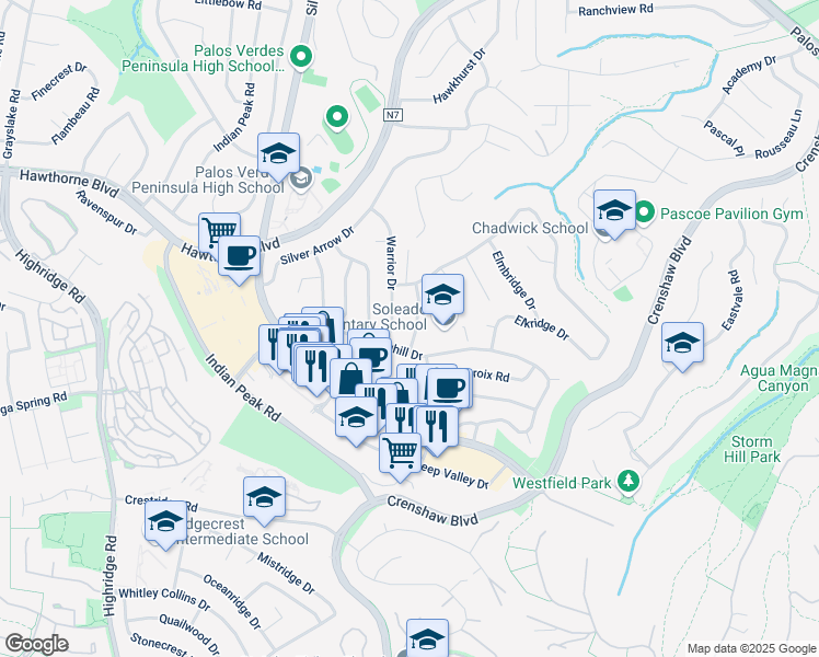 map of restaurants, bars, coffee shops, grocery stores, and more near 27642 Warrior Drive in Rancho Palos Verdes