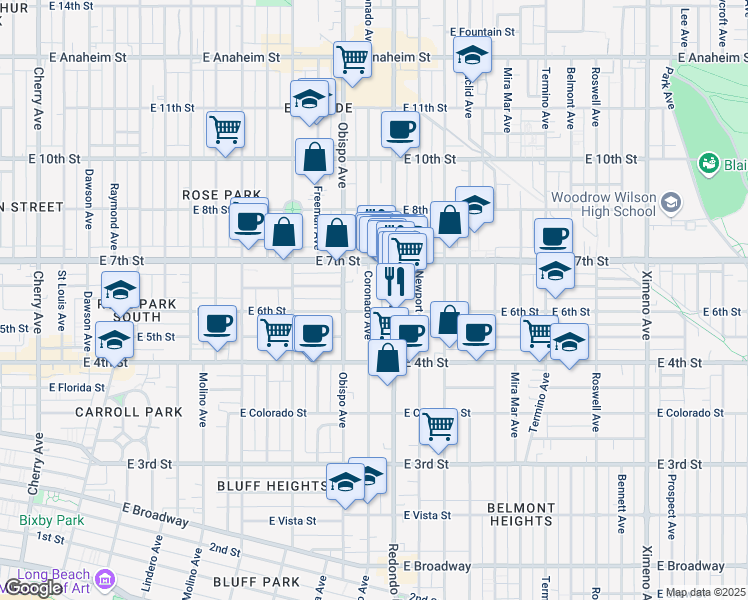 map of restaurants, bars, coffee shops, grocery stores, and more near 620 Coronado Avenue in Long Beach