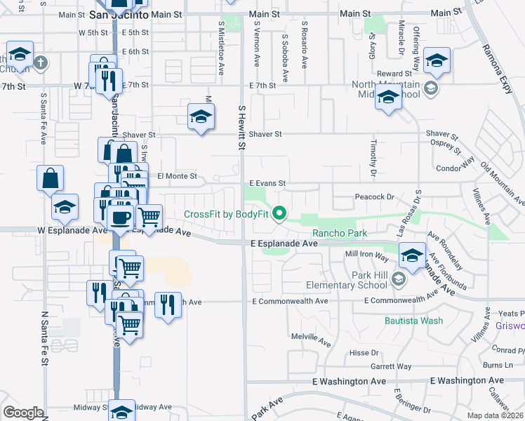 map of restaurants, bars, coffee shops, grocery stores, and more near 727 Carnation Lane in San Jacinto