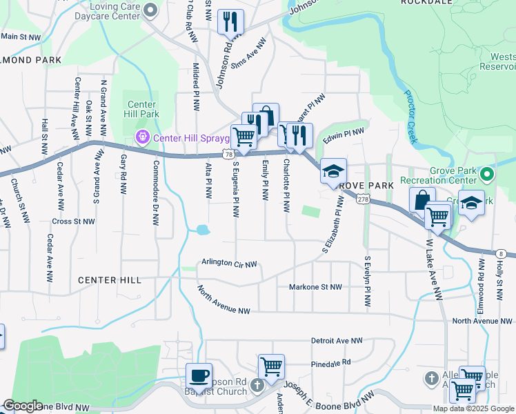 map of restaurants, bars, coffee shops, grocery stores, and more near 692 Emily Place Northwest in Atlanta