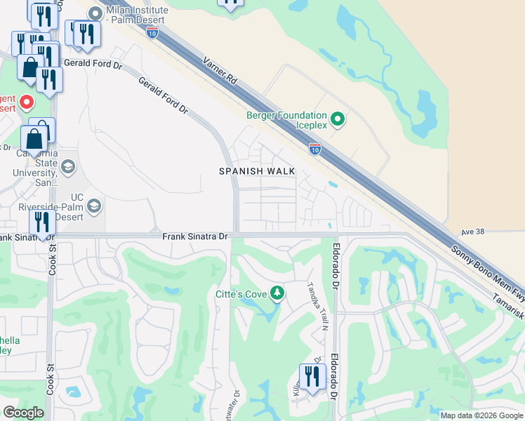 map of restaurants, bars, coffee shops, grocery stores, and more near 555 1/2 Via De La Paz in Palm Desert
