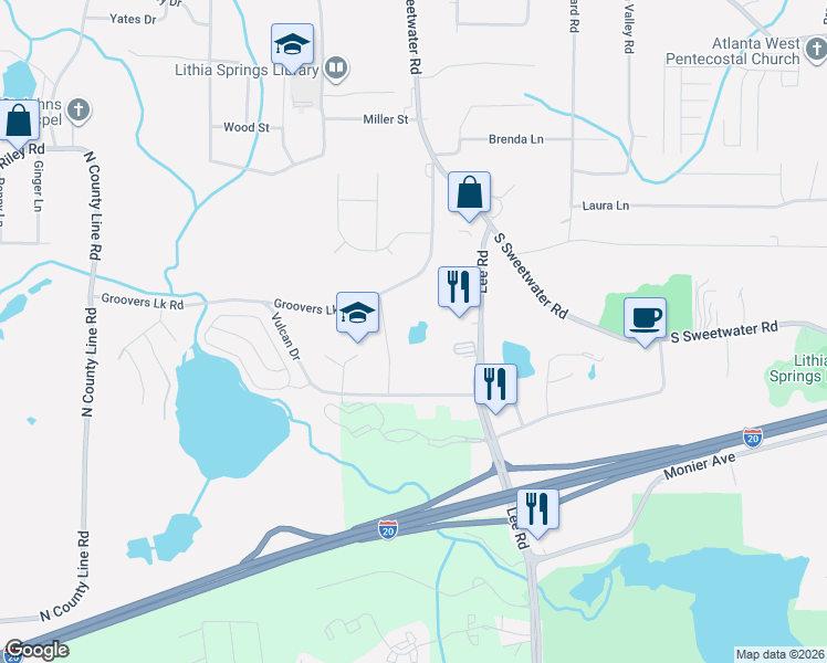 map of restaurants, bars, coffee shops, grocery stores, and more near 3480 Groovers Lake Road in Lithia Springs