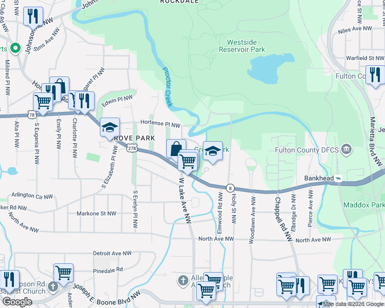 map of restaurants, bars, coffee shops, grocery stores, and more near 700 Hortense Place Northwest in Atlanta