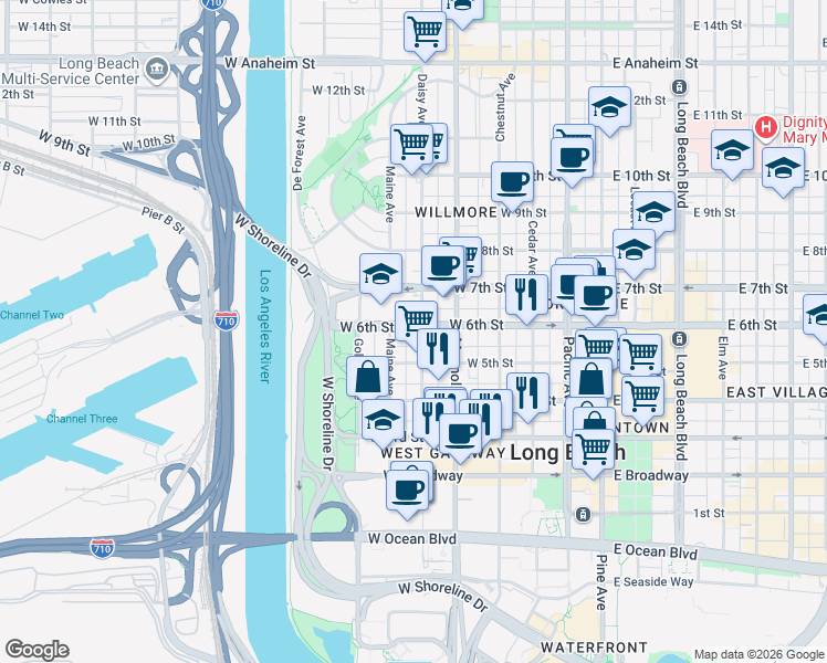map of restaurants, bars, coffee shops, grocery stores, and more near 608 West 6th Street in Long Beach