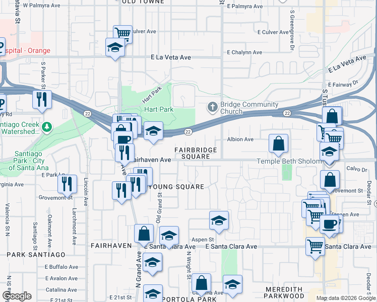 map of restaurants, bars, coffee shops, grocery stores, and more near 2709 Eastside Street in Santa Ana