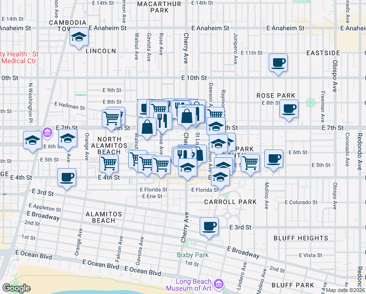 map of restaurants, bars, coffee shops, grocery stores, and more near 1918 East 6th Street in Long Beach