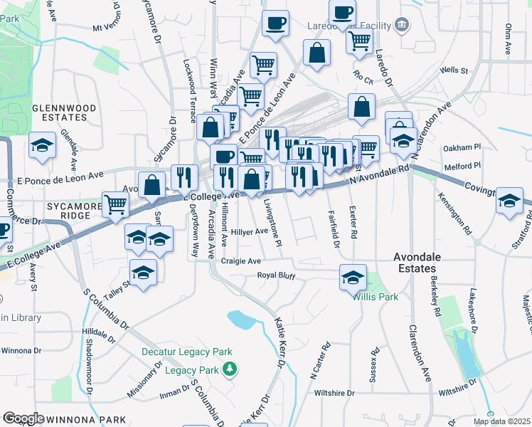map of restaurants, bars, coffee shops, grocery stores, and more near 725 Livingstone Place in Decatur