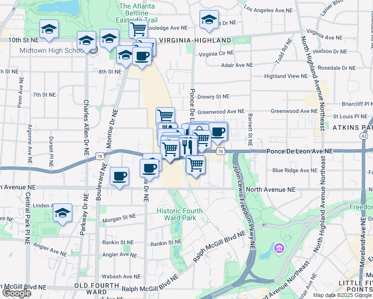 map of restaurants, bars, coffee shops, grocery stores, and more near 716 Ponce De Leon Place Northeast in Atlanta