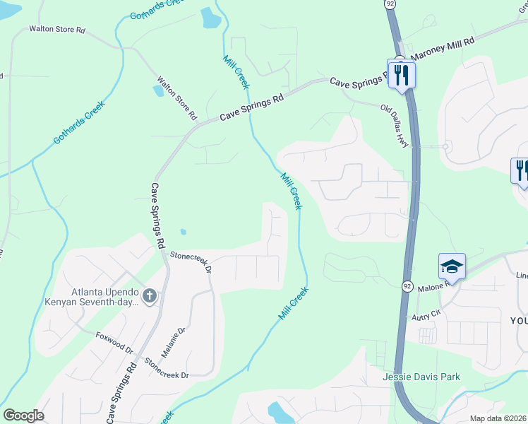 map of restaurants, bars, coffee shops, grocery stores, and more near 7493 Stonehenge Way in Douglasville