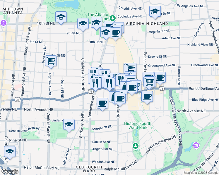 map of restaurants, bars, coffee shops, grocery stores, and more near 548 Ponce De Leon Avenue Northeast in Atlanta