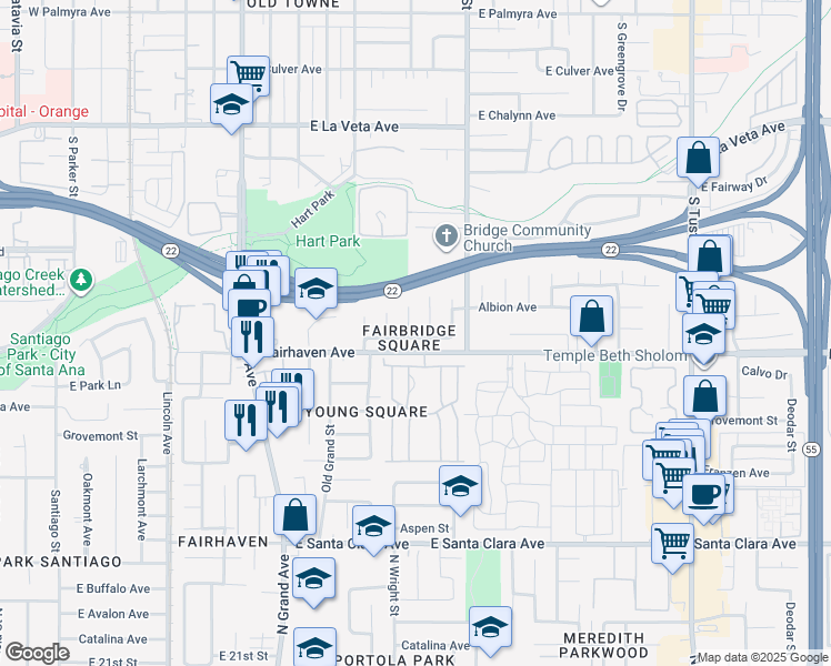 map of restaurants, bars, coffee shops, grocery stores, and more near in Santa Ana