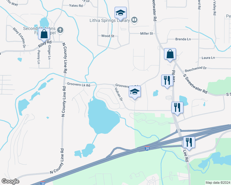 map of restaurants, bars, coffee shops, grocery stores, and more near 1257 Matt Moore Court in Lithia Springs