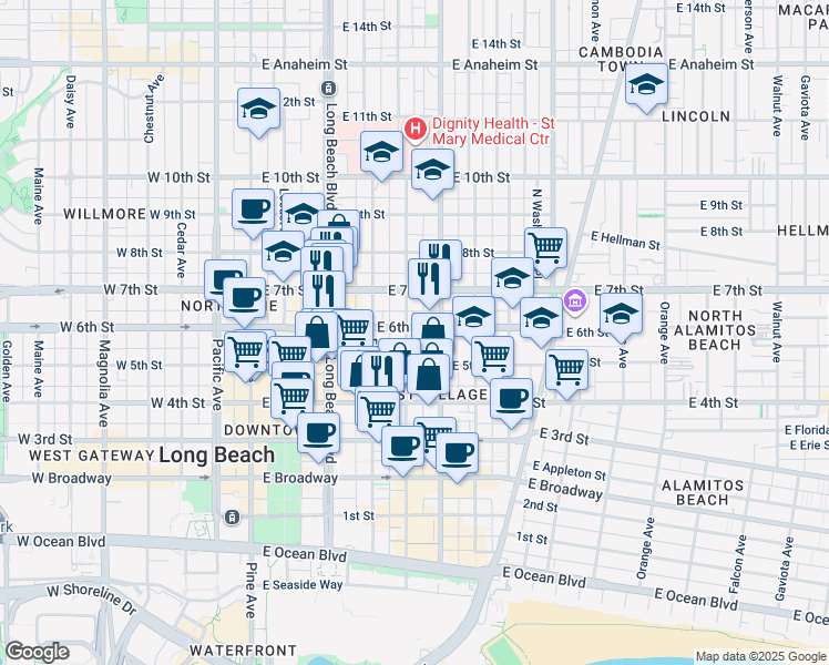 map of restaurants, bars, coffee shops, grocery stores, and more near 500 East 6th Street in Long Beach