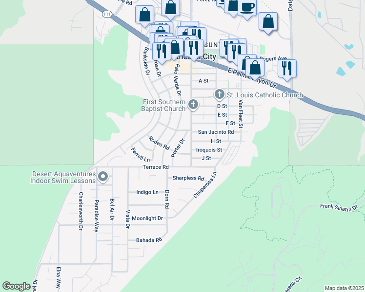 map of restaurants, bars, coffee shops, grocery stores, and more near 37780 Porter Drive in Cathedral City