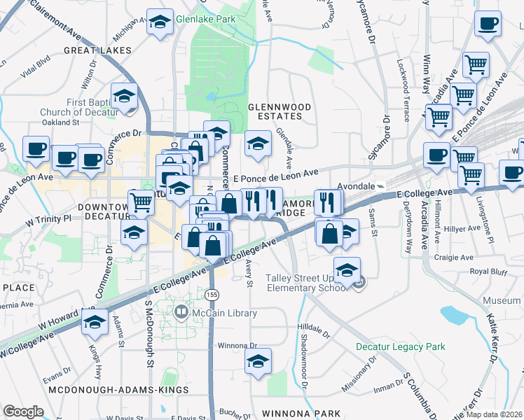 map of restaurants, bars, coffee shops, grocery stores, and more near 233 Sycamore Place in Decatur