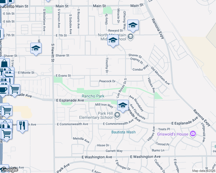 map of restaurants, bars, coffee shops, grocery stores, and more near 1366 Lindsey Court in San Jacinto