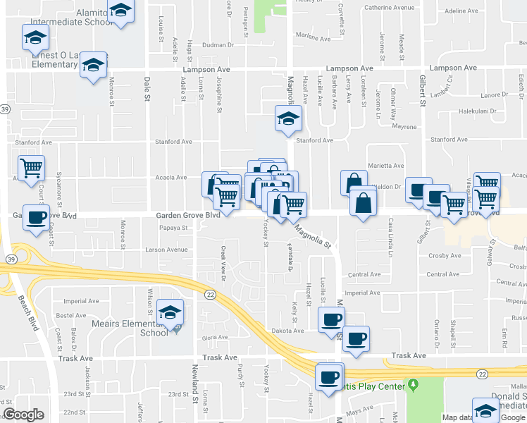 map of restaurants, bars, coffee shops, grocery stores, and more near 8891 W Garden Grove Blvd in Garden Grove