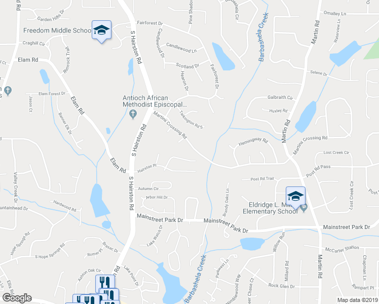 map of restaurants, bars, coffee shops, grocery stores, and more near 4903 Martins Crossing Road in Stone Mountain