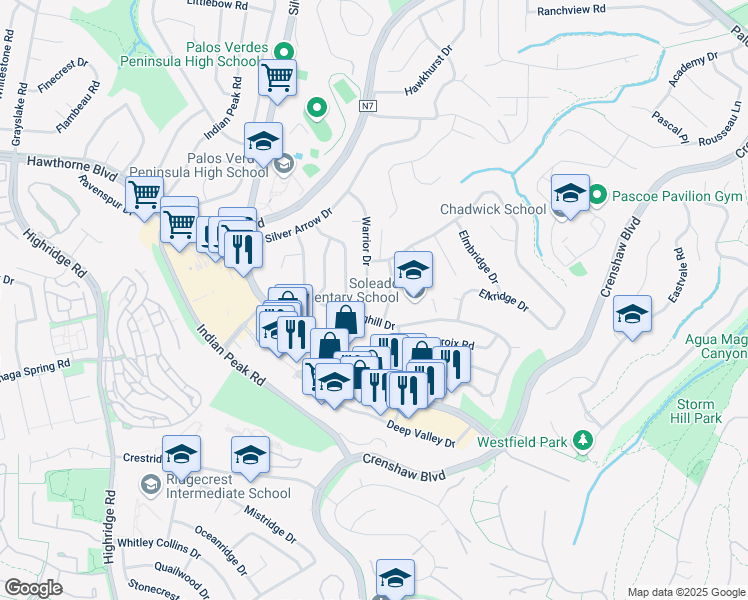 map of restaurants, bars, coffee shops, grocery stores, and more near 27642 Warrior Drive in Rancho Palos Verdes