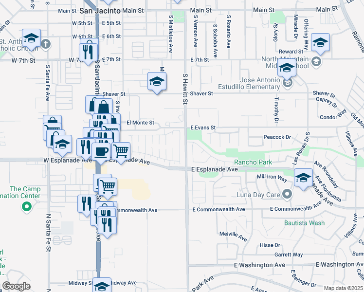 map of restaurants, bars, coffee shops, grocery stores, and more near 1387 Senator Way in San Jacinto