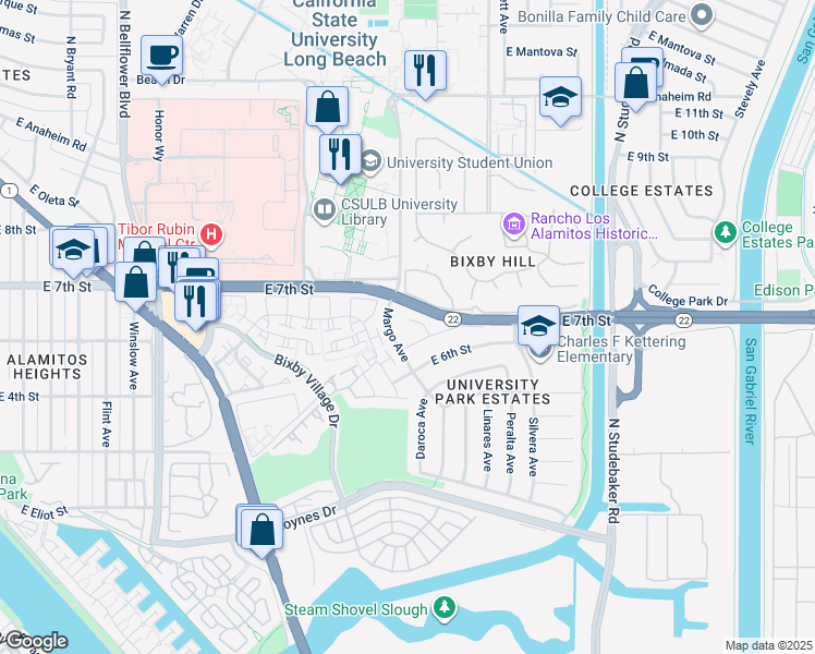 map of restaurants, bars, coffee shops, grocery stores, and more near 663 Lausinda Avenue in Long Beach