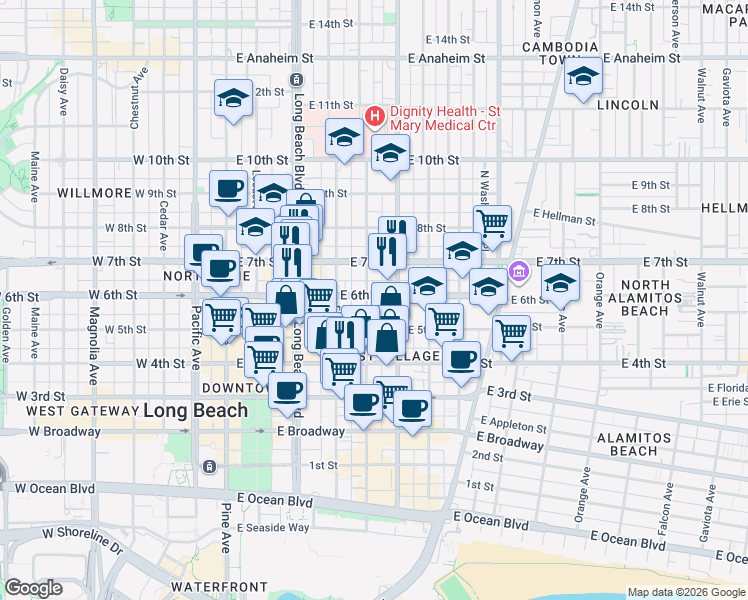 map of restaurants, bars, coffee shops, grocery stores, and more near 500 East 6th Street in Long Beach